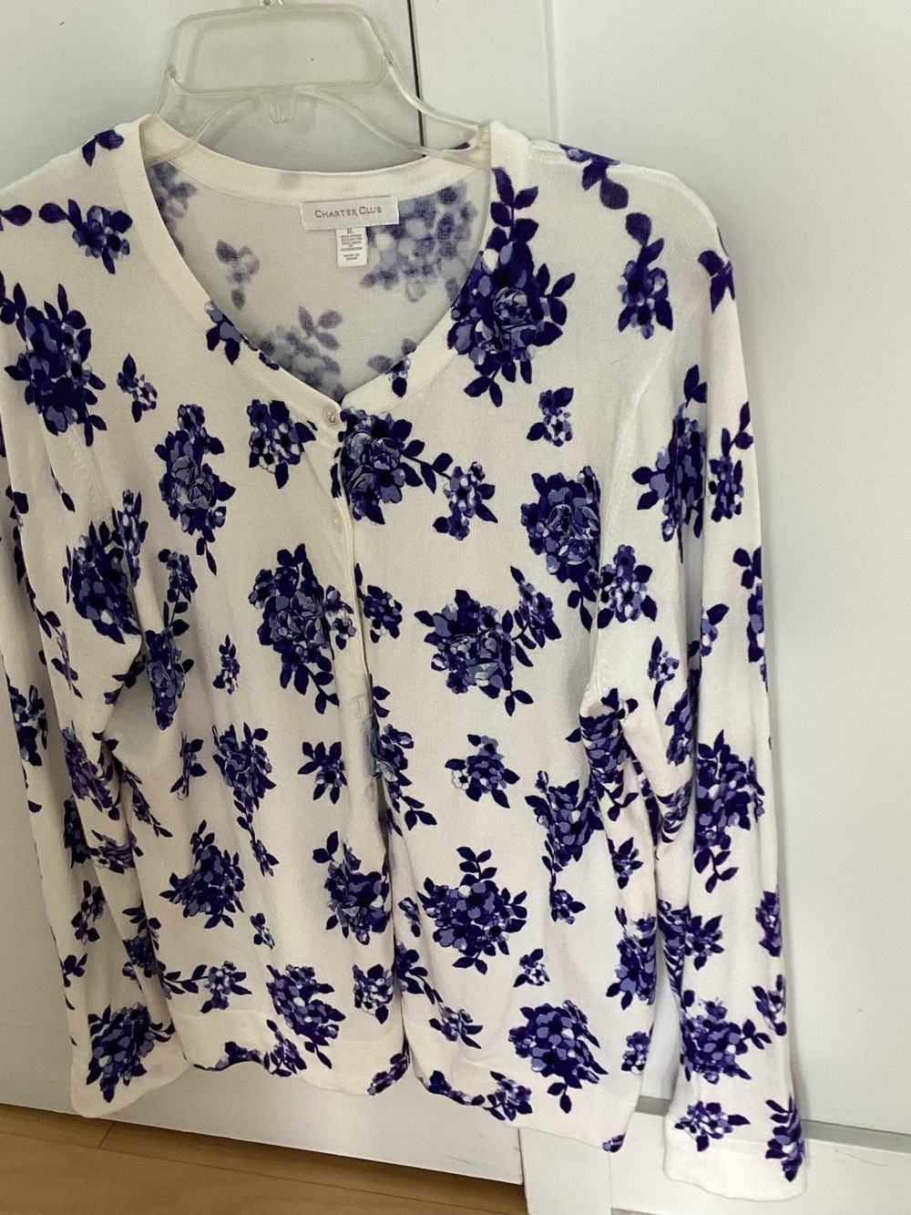 Charter Club Cream Cardigan with Purple Floral Motif